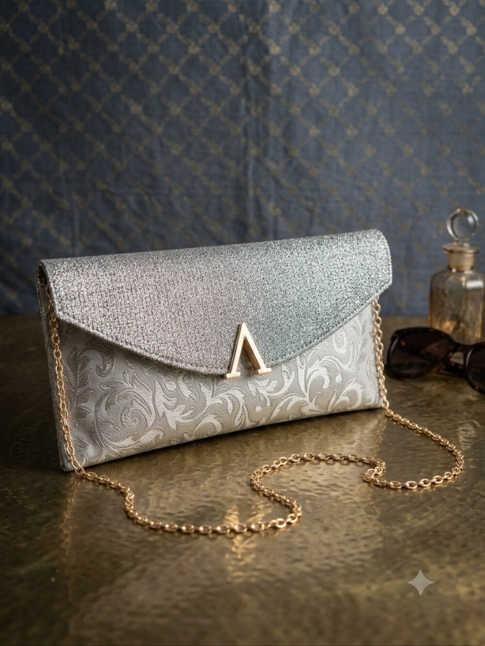 Elegant Silver Embossed Envelope Clutch